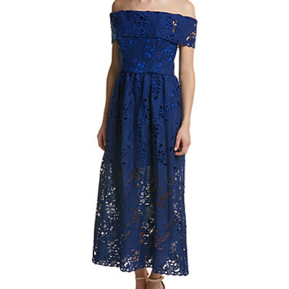 ABS by Allen Schwartz
Off Shoulder Embroidered Guipure Lace Gown
